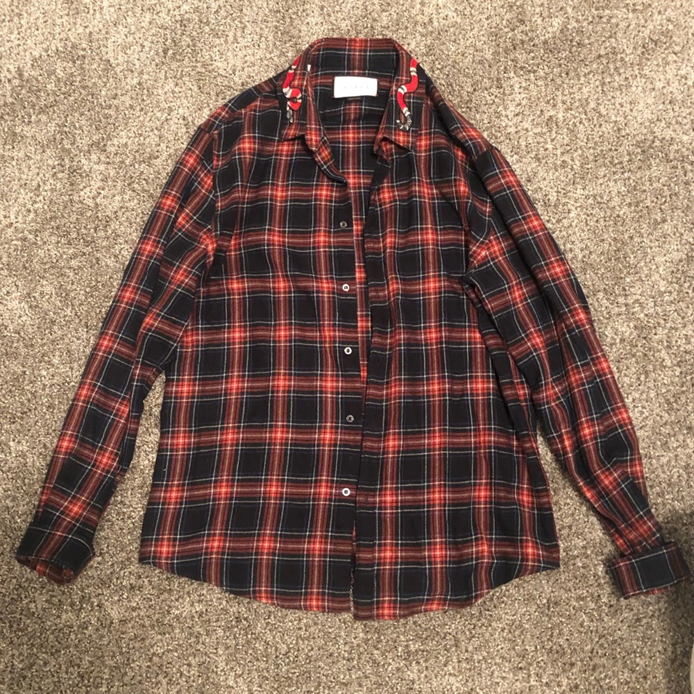 Men's Gucci Snake Embroidered-Collar Plaid Shirt